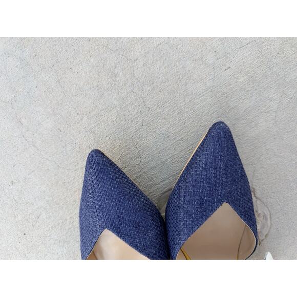 CAbi Women's Navy Blue & White Striped Bow Yellow kitten Heels Mule, Sz 8M - Picture 4 of 6